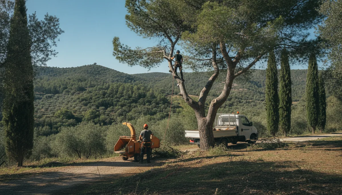 Plusieurs élagueurs au travail sur un chantier d'arbres dans les Alpes-Maritimes