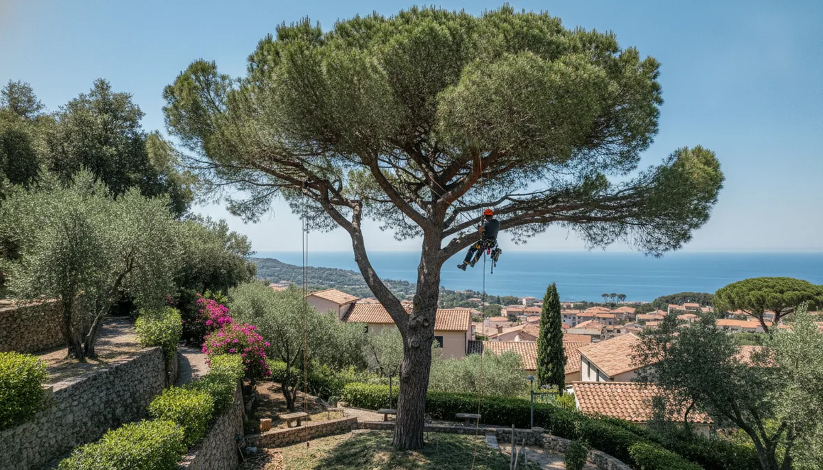 Élagueur sur cordes dans un grand pin au-dessus d'un jardin niçois en restanques