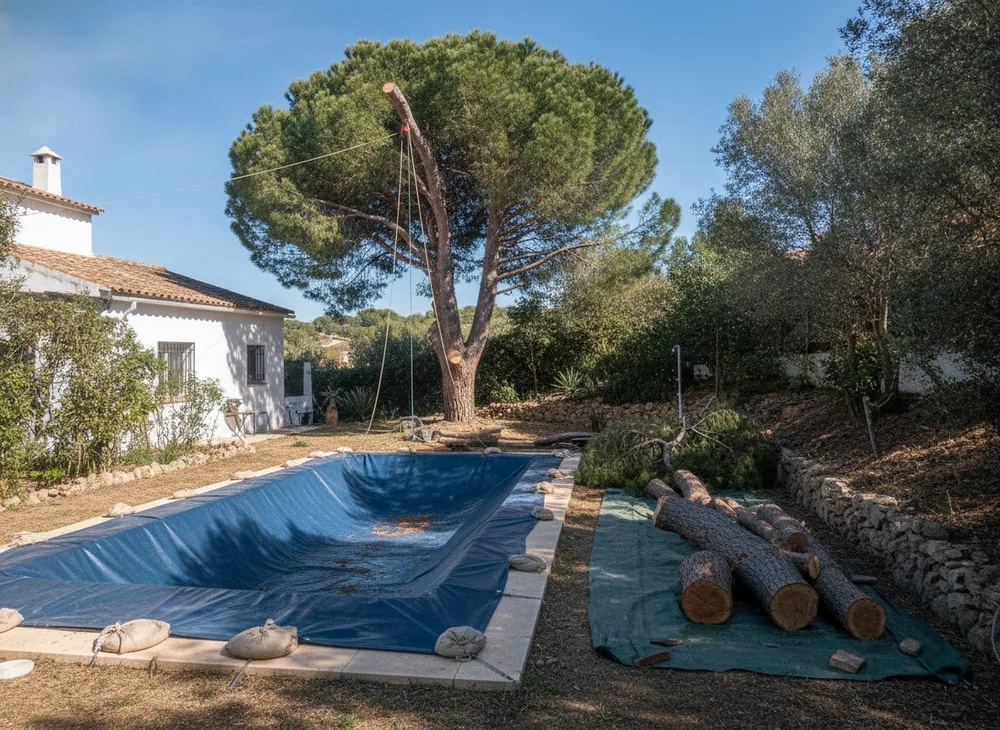 Démontage par rétention d'un grand pin dans un jardin clos des hauteurs de Nice