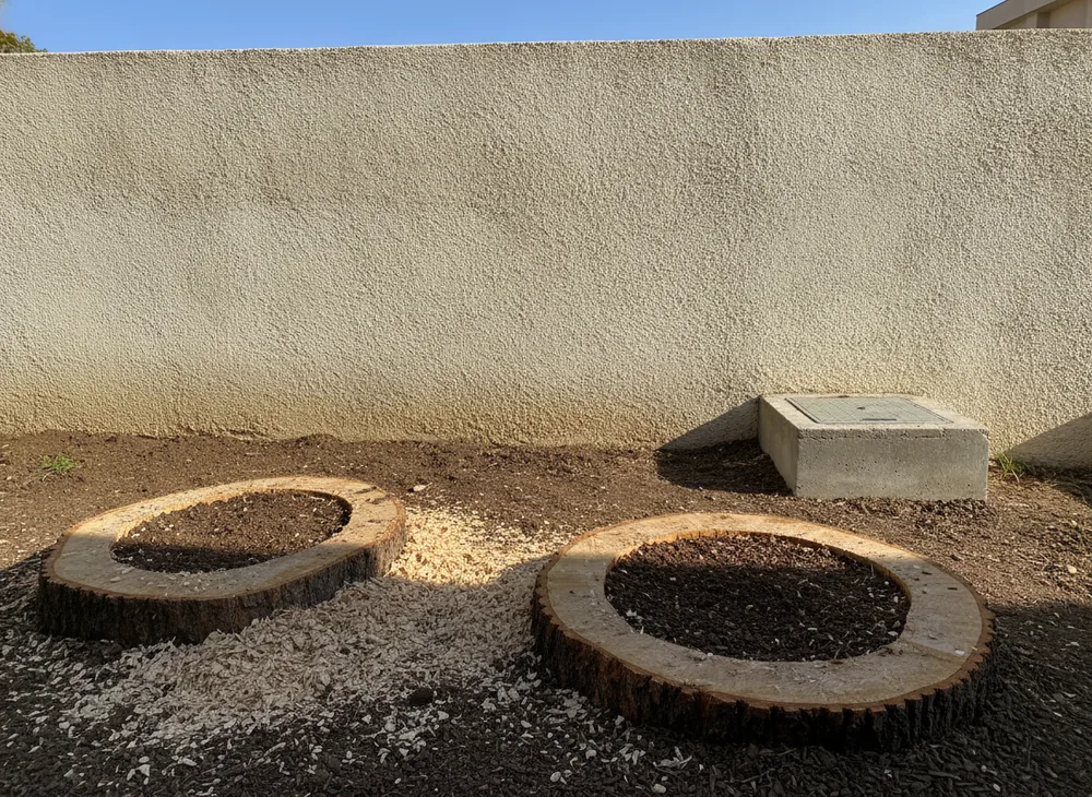 Rogneuse de souche en action à côté d'un compteur d'eau dans un jardin de ville