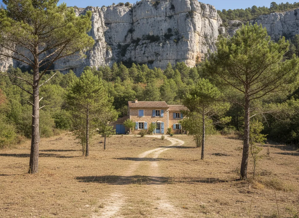Parcelle débroussaillée en interface forêt habitat, branches basses élaguées