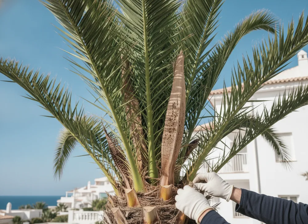 Inspection du cœur d'un palmier des Canaries lors d'un nettoyage en copropriété