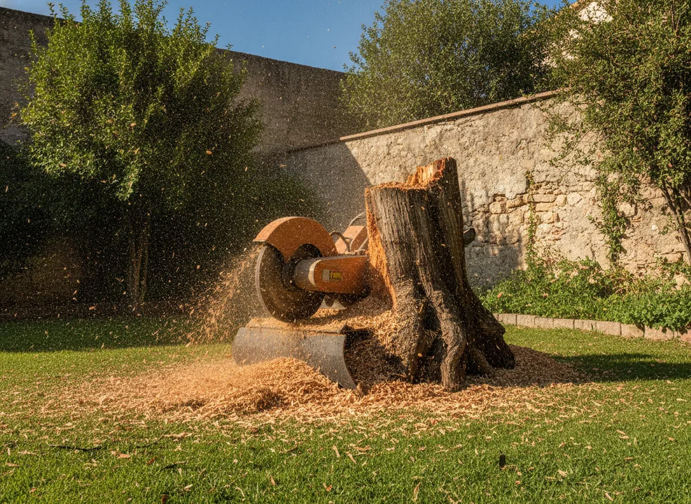 Rogneuse de souche en action sur une souche de cyprès dans un jardin des Alpes-Maritimes