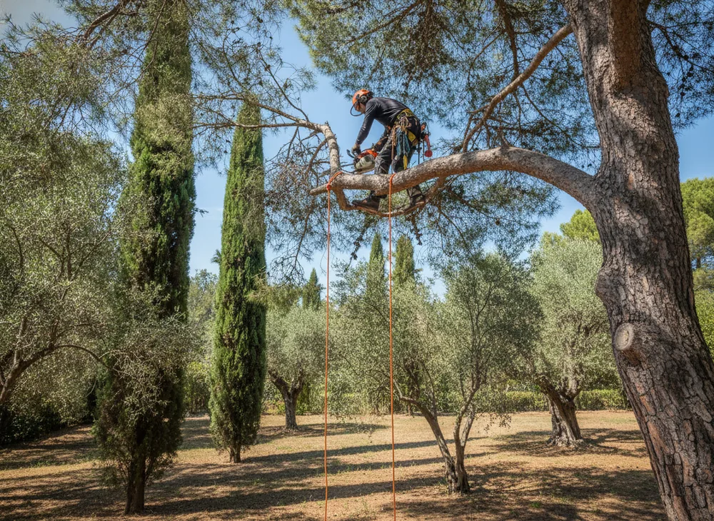 Élagueur grimpeur en train de tailler un pin d'Alep au-dessus d'un jardin à Nice