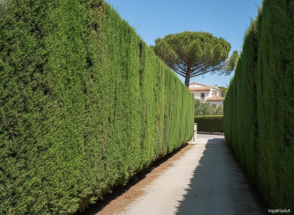 Haie de cyprès taillée au cordeau le long d'une propriété du Cap d'Antibes