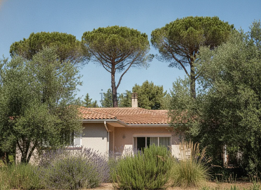 Allègement d'un pin pignon au-dessus d'une toiture dans un lotissement de Villeneuve-Loubet