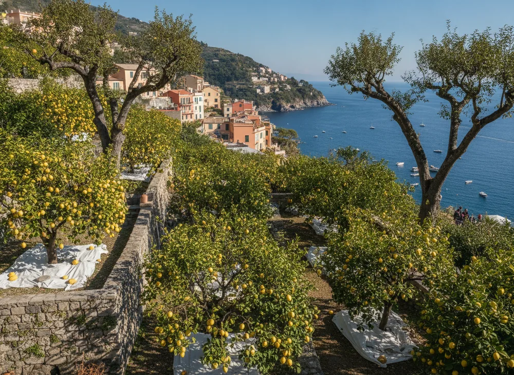 Réduction de couronne de platanes au-dessus d'un jardin d'agrumes à Menton