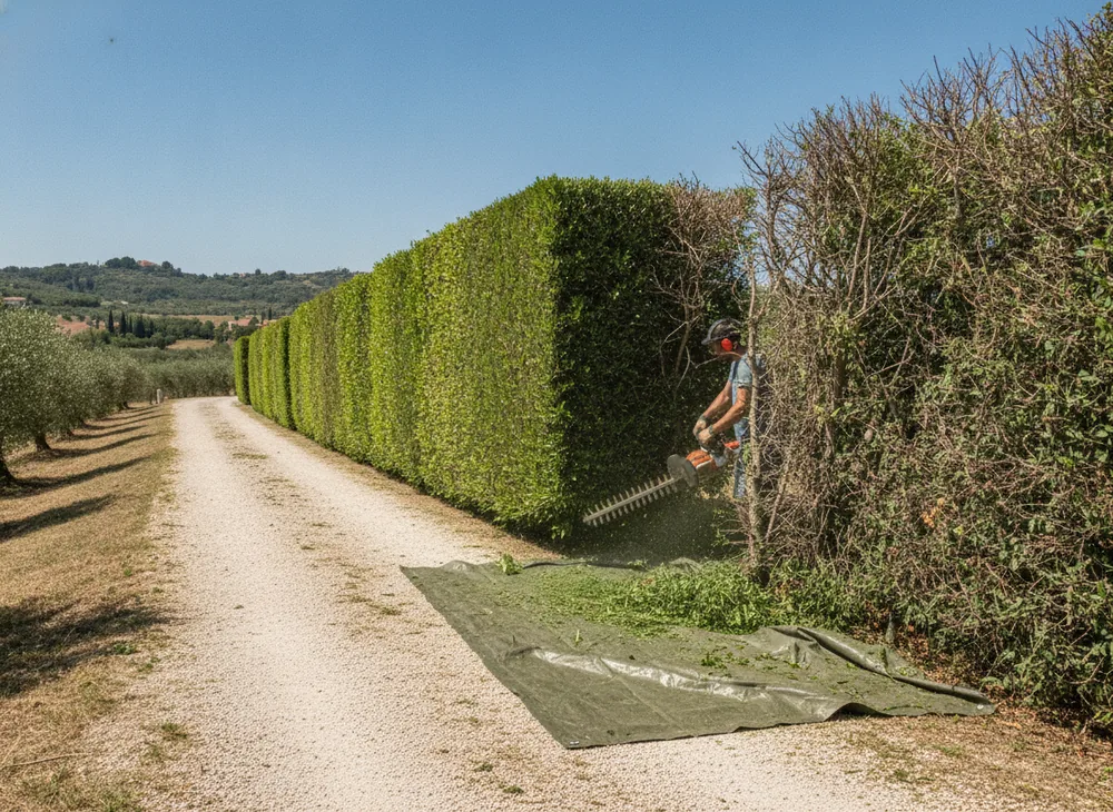 Taille au cordeau d'une haie de cyprès le long d'une propriété niçoise